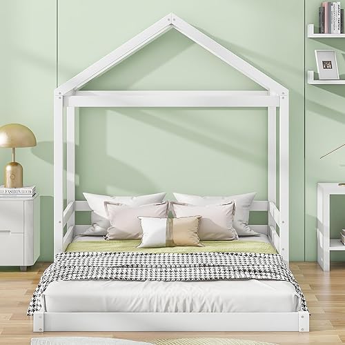 Miniatura 5 de Bellemave Cama de casa de tamaño matrimonial para niños, marco de cama de piso de madera con barandilla, cama Montessori para niñas y niños, color