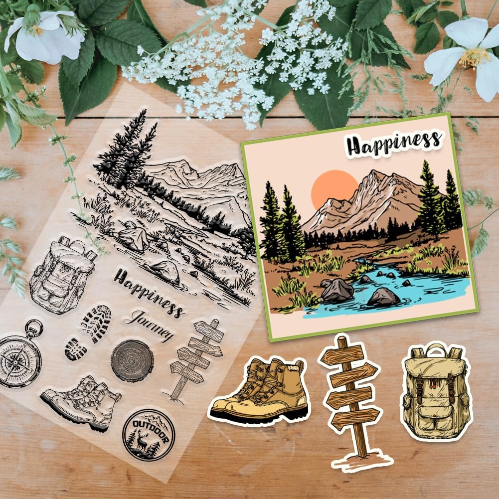 PH PandaHall Camping Clear Stamps Mountain Transparent Stamps Forest Tree Stamps Outdoor Silicone Stamp Journey Rubber Stamps for Card Making Craft Scrapbooking Photo Album Notebook 6.3x4.3 Inch