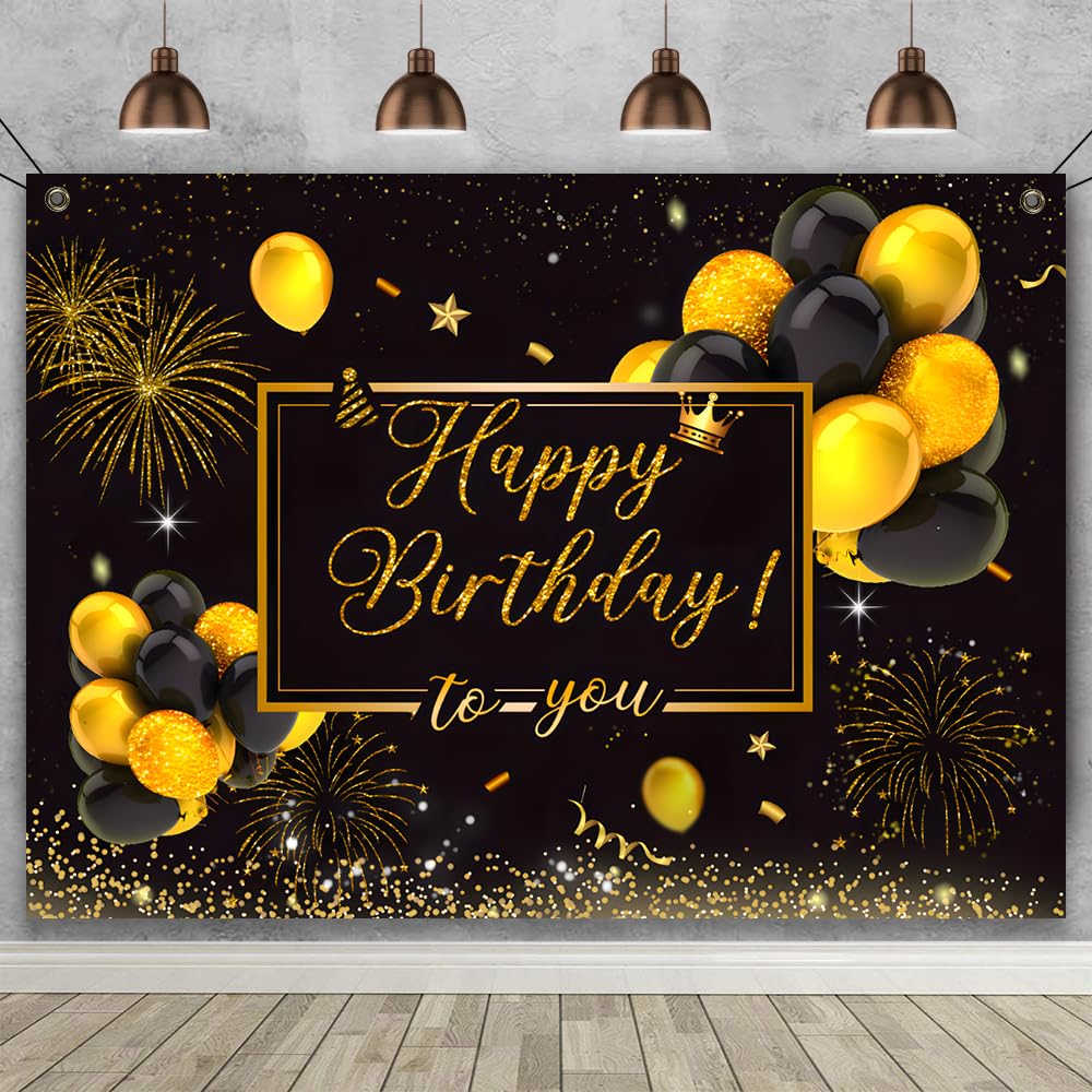 65th Happy Birthday Banner - 71x43 Inch Gold & Black Fabric Backdrop For Photography - View #2