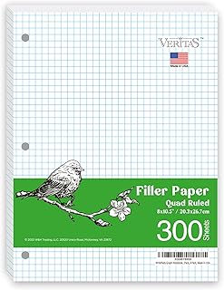 Graph Paper Loose Leaf Paper, Standard 8"x10-1/2" 4x4 Quad Ruled Notebook Paper,3 Hole Punched Filler Paper, 3 Ring Binder Paper, 300 Sheets Grid Paper, Made In USA