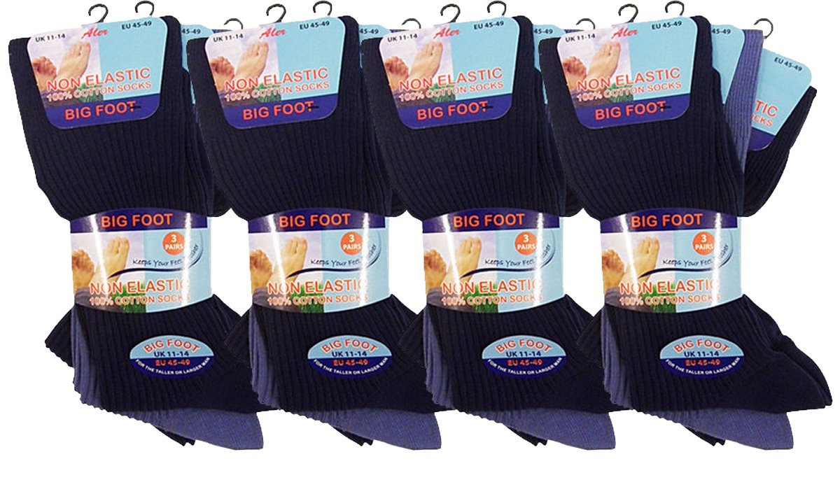 12 Pairs Men's 100% Cotton Big Foot Non Elastic Socks ideal for diabetics (UK 11/14 eur 45/49.5, Dark Assorted)