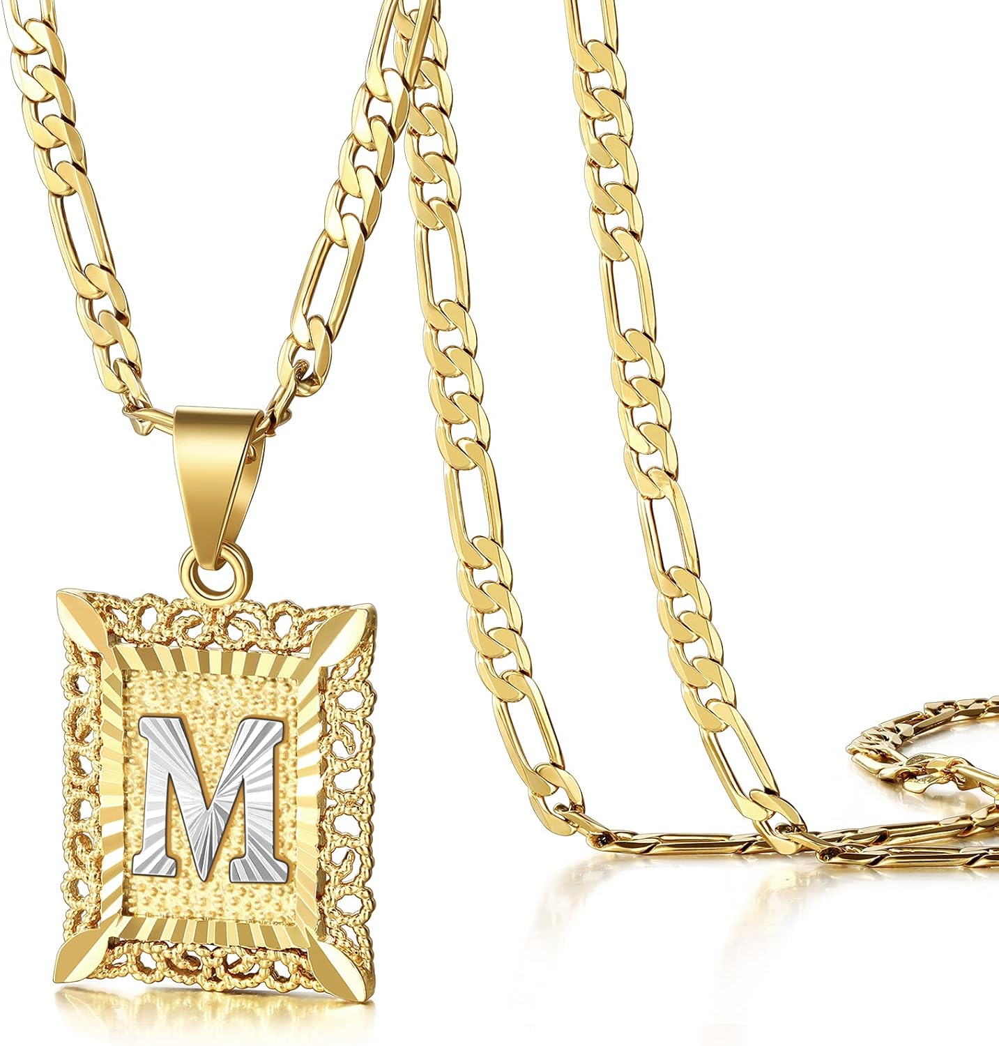KissYan Initial Letter Pendant Necklace for Mens Womens, 14K Gold Plated Square Capital Monogram Necklaces Alhpabets from A-Z Figaro Chain Jewelry Gift