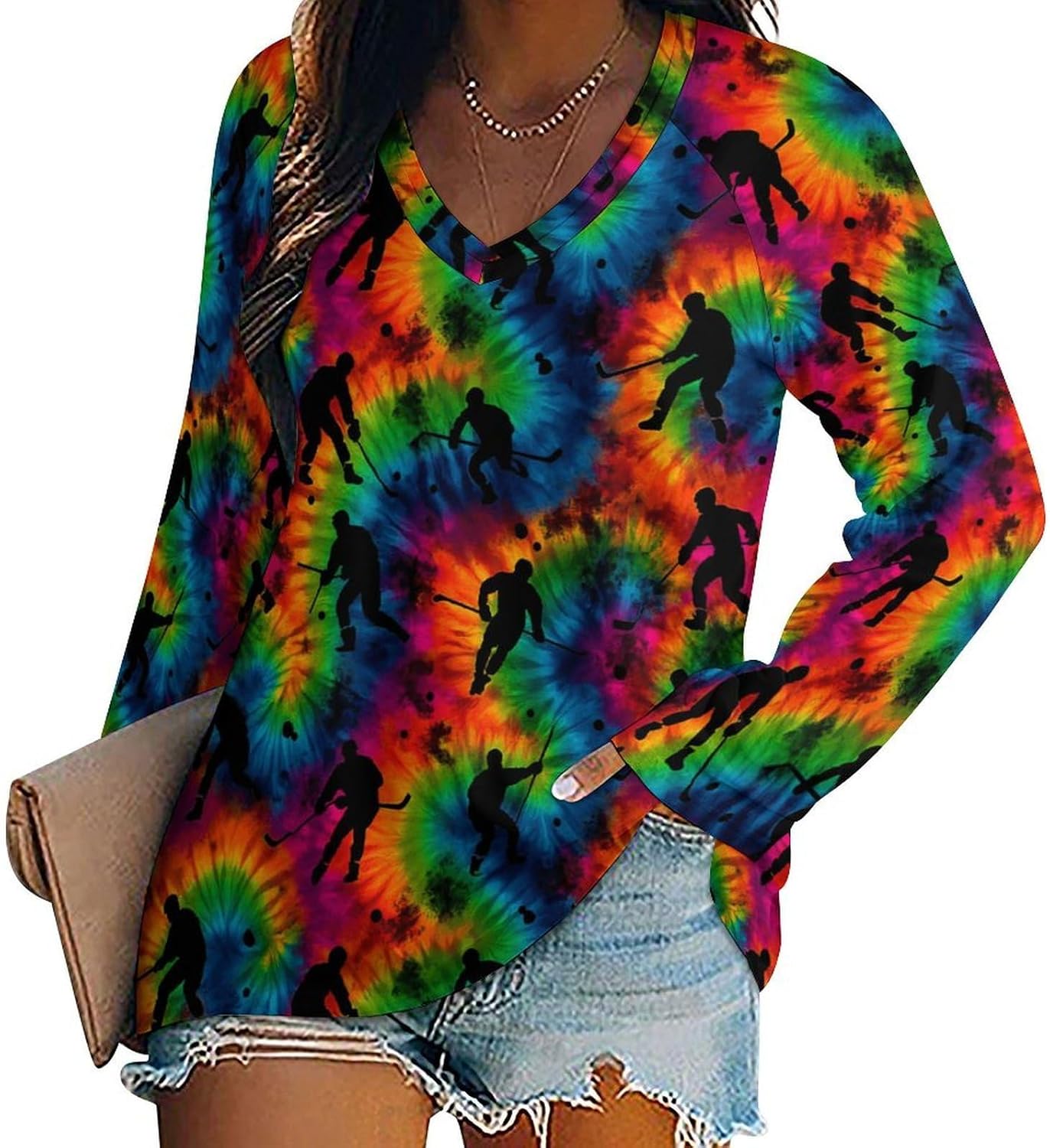 Hawaiian Artistic Palm Long Sleeve Shirts for Women Casual Womans Tops Loose V Neck Top