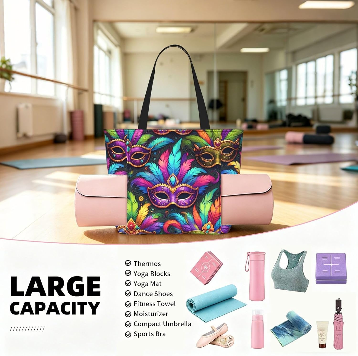 Women Colorful-Carnival-Masks Yoga Mat Bag Gym Tote image 4