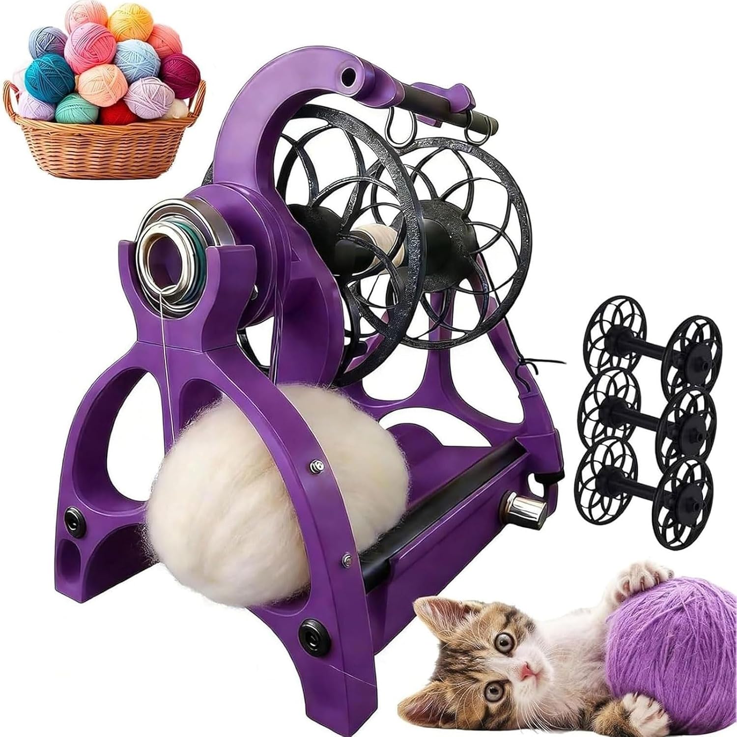 Electric Yarn Spinning Wheel,800rpm Wool Yarn Winder Kit with 3 Spools, Adjustable Speed, Compact Wool Thread Making Machine,for Mixed Roving Process, DIY Crafting(Purple)