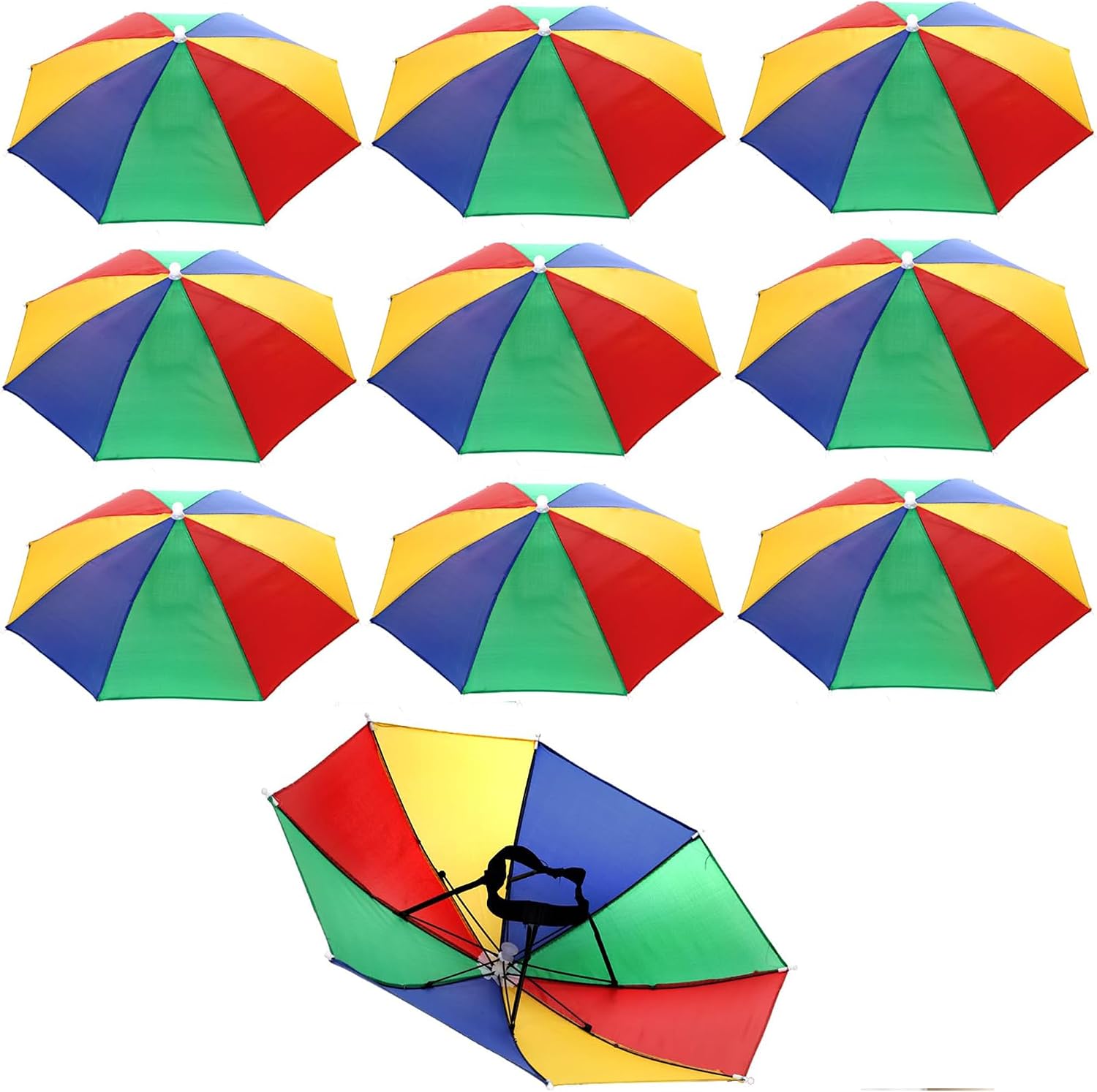 10 Pack Umbrella Hat, Rainbow Hands-Free Head Umbrella Cap with Elastic Band, 21 Inch Foldable Waterproof Sun & Rain Protection Hat for Fishing, Gardening, Camping, Beach & Outdoor Use
