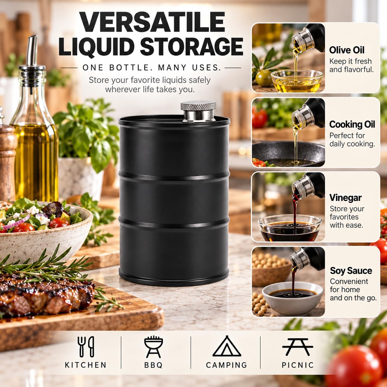New Black Barrel Shaped Stainless Steel Oil Dispenser Bottle (Green,25 oz) image 5