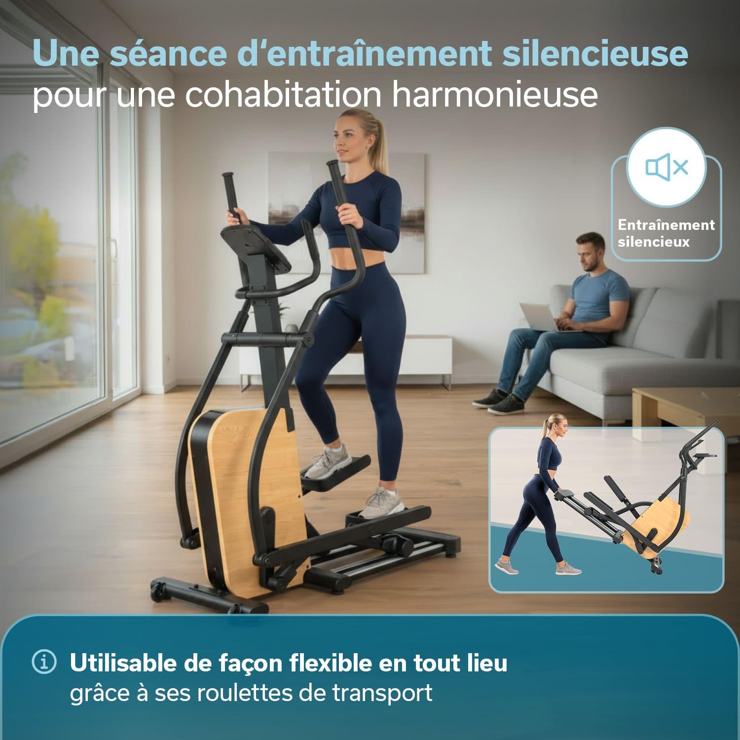 Skandika Vélo elliptique Treliv P22 | Vélo elliptique d'appartement avec éléments en Bois, 32 Niveaux, 22 programmes, Frein magnétique, Compatible avec Kinomap, Bluetooth, Max 135KG