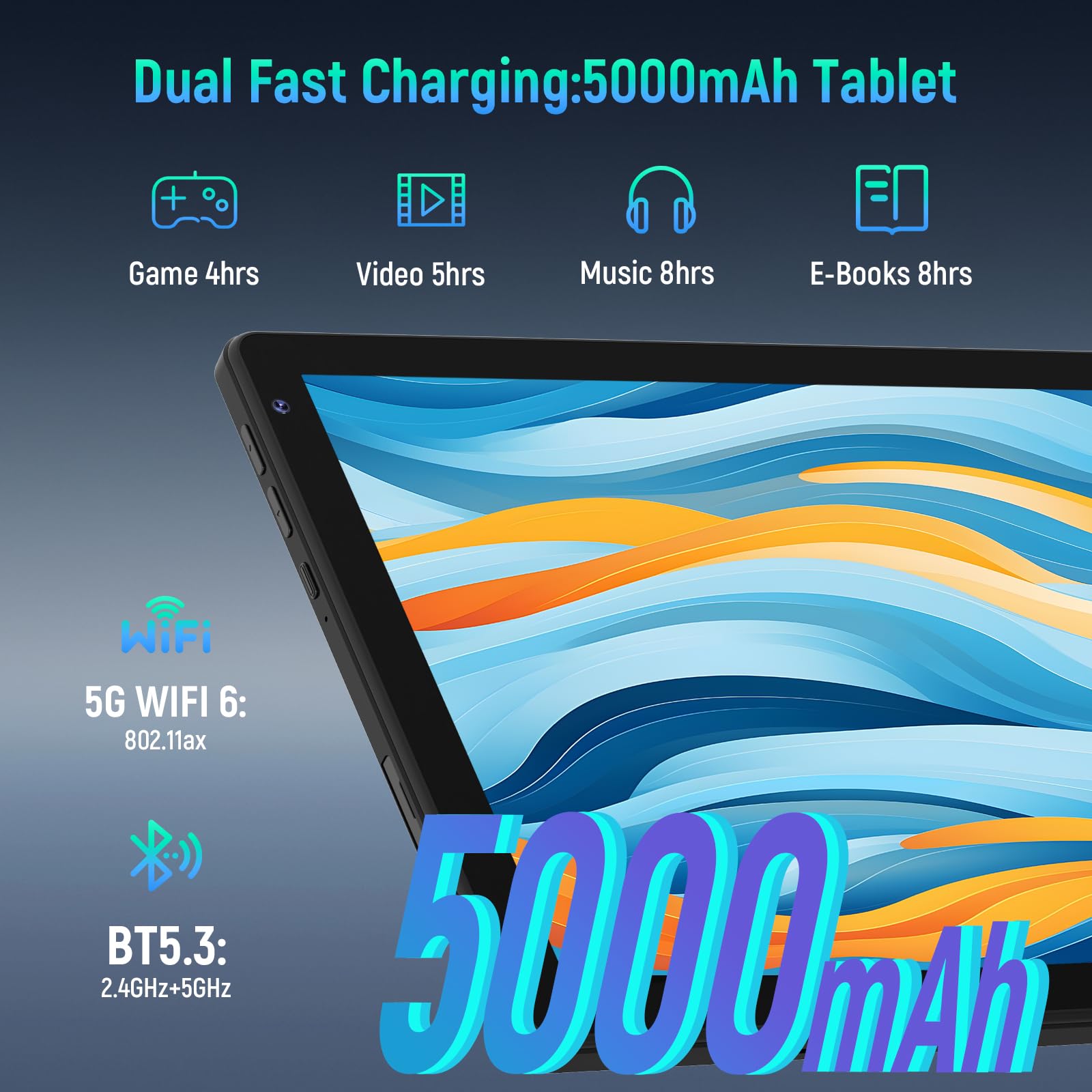 Whitedeer 10 inch Android 15 Tablet, Android Tablet with 30GB+128GB+1TB, Face ID, 5MP 8MP Camera, Split Screen, 1280x800 IPS Display, 5000mAh Battery, WiFi 6 5G 2.4G, Bluetooth 5.3, Widevine L1, Black — view 7