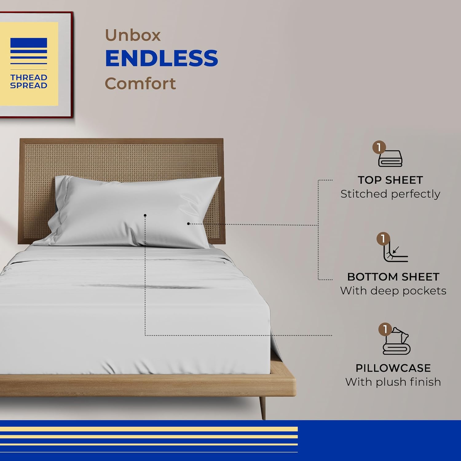 THREAD SPREAD 100% Egyptian Cotton Sheets Twin XL Size - 800 Thread Count 3 PC Silver Twin XL Sheet Sets Cotton, Silky Soft College Dorm Sheets Twin XL Set, 16" Deep Pocket Luxury Cooling Bed Sheet - Image 2