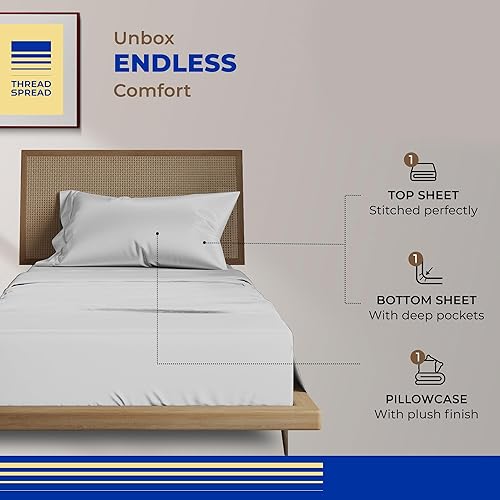 Miniatura 10 de THREAD SPREAD Juego de funda nórdica plisada de 3 piezas, 100% algodón egipcio de 600 hilos, con cremallera y lazos en las esquinas, diseño