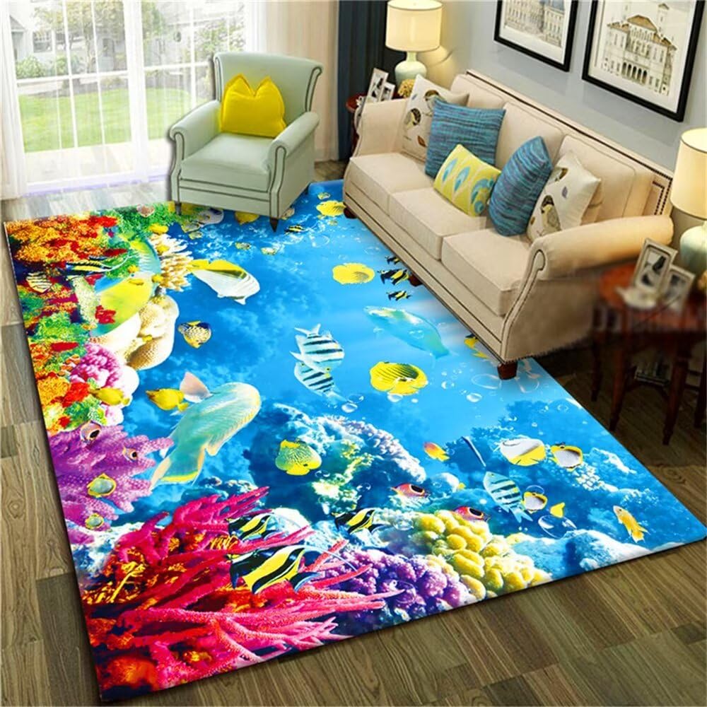 Tapis du monde sous-marin bleu et ultra résistant pour chambre d'enfant