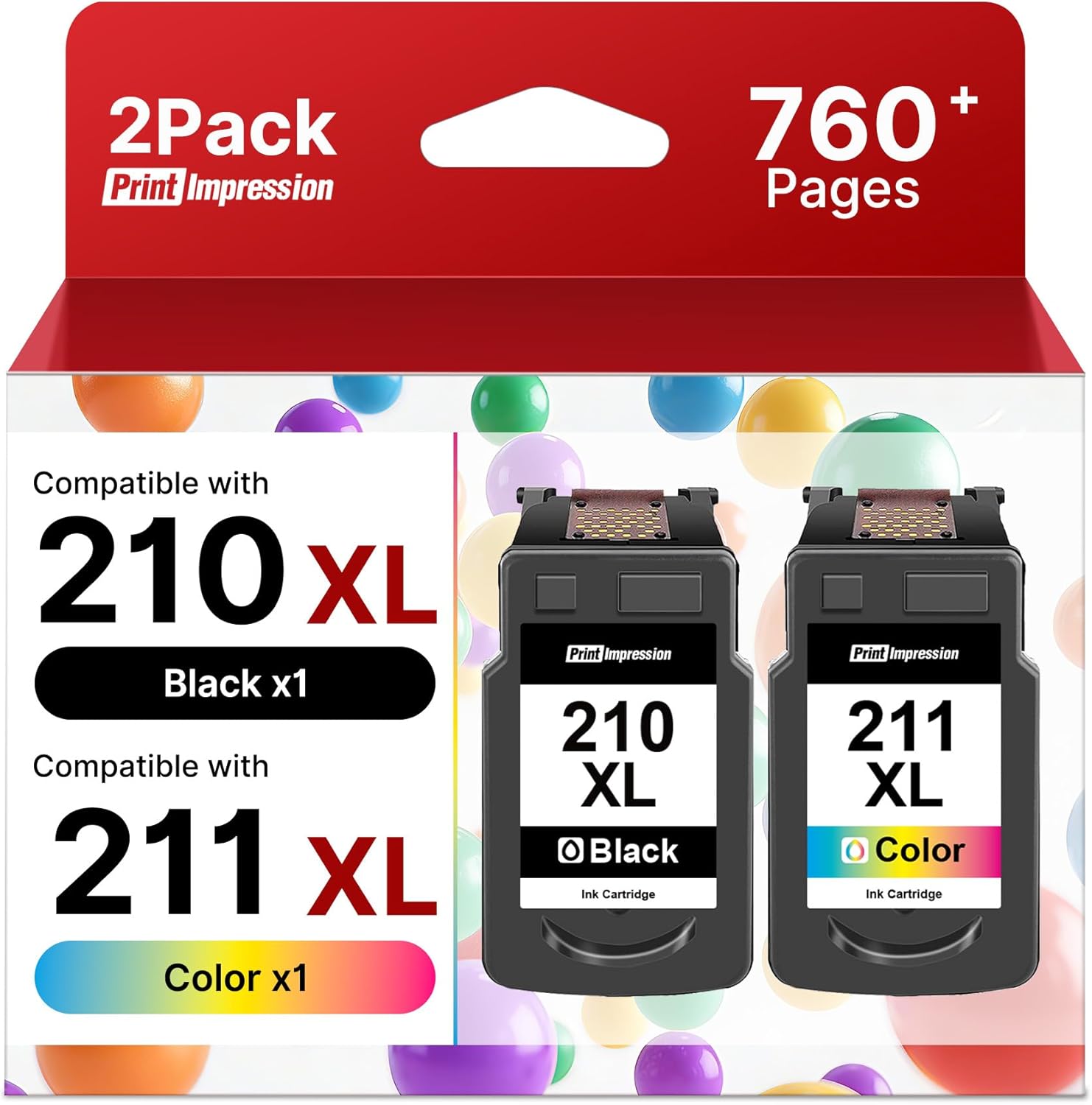 210XL and 211XL Ink Cartridges Replacement for Canon 210 XL and 211 XL Ink Cartridges 211XL Color 210XL Black Ink Cartridge Work for IP2702 MP230 MP250 MP280 MP480 MX320 MX330 MX340 (1 Black,1 Color)