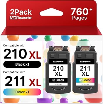 210XL and 211XL Ink Cartridges Replacement for Canon 210 XL and 211 XL Ink Cartridges 211XL Color 210XL Black Ink Cartridge Work for IP2702 MP230 MP250 MP280 MP480 MX320 MX330 MX340 1 Black,1 Color