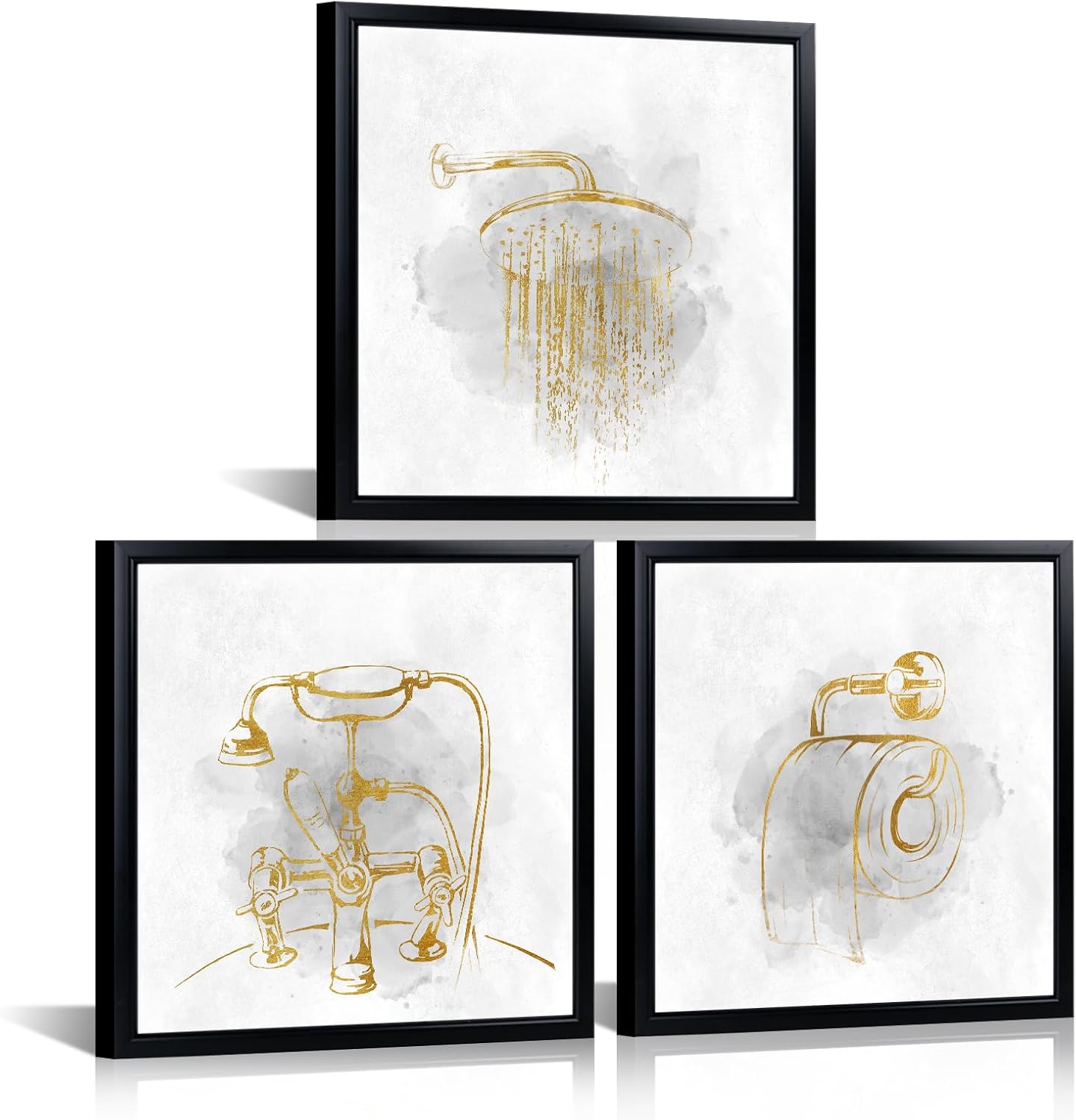 HOMEOART Gold Grey Bathroom Wall Art Bathroom Decor Picture, Set of 3, Black Frame 12x12 inch