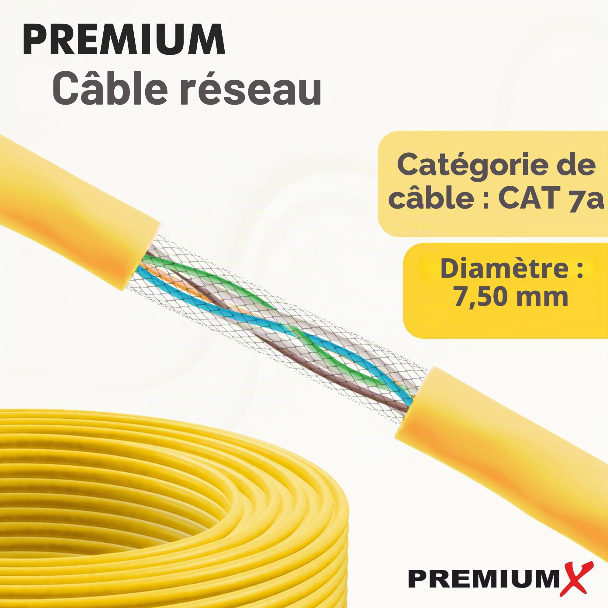 Premium X Câble réseau CAT 7A Simplex - 100 m - Câble LAN Ethernet - Câble de données S/FTP PiMF PoE Cca Cat7A