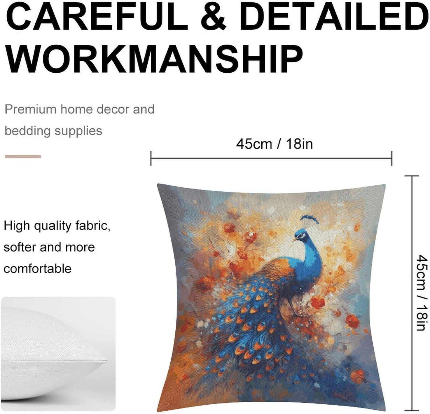 Peacock2 Pillow Protectors Cute Waterproof Pillow Cover Soft Skin-Friendly Cushion Case Decorative Square Cushion Cover for Couch Sofa Bed Living Room Bedroom