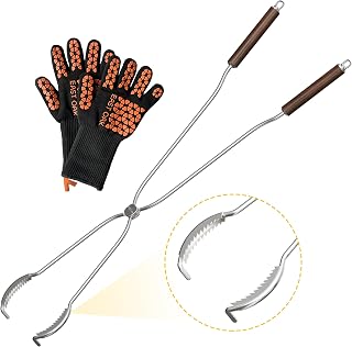 2 in 1 Fire Pit Tongs and Hook 36'' Poker, Firepit Tools for Wood Fireplaces, Bonfires, Outdoor Fire Rings, Patio and Camping Accessories, with 13" Heat Resistant Gloves, 304 Stainless Steel