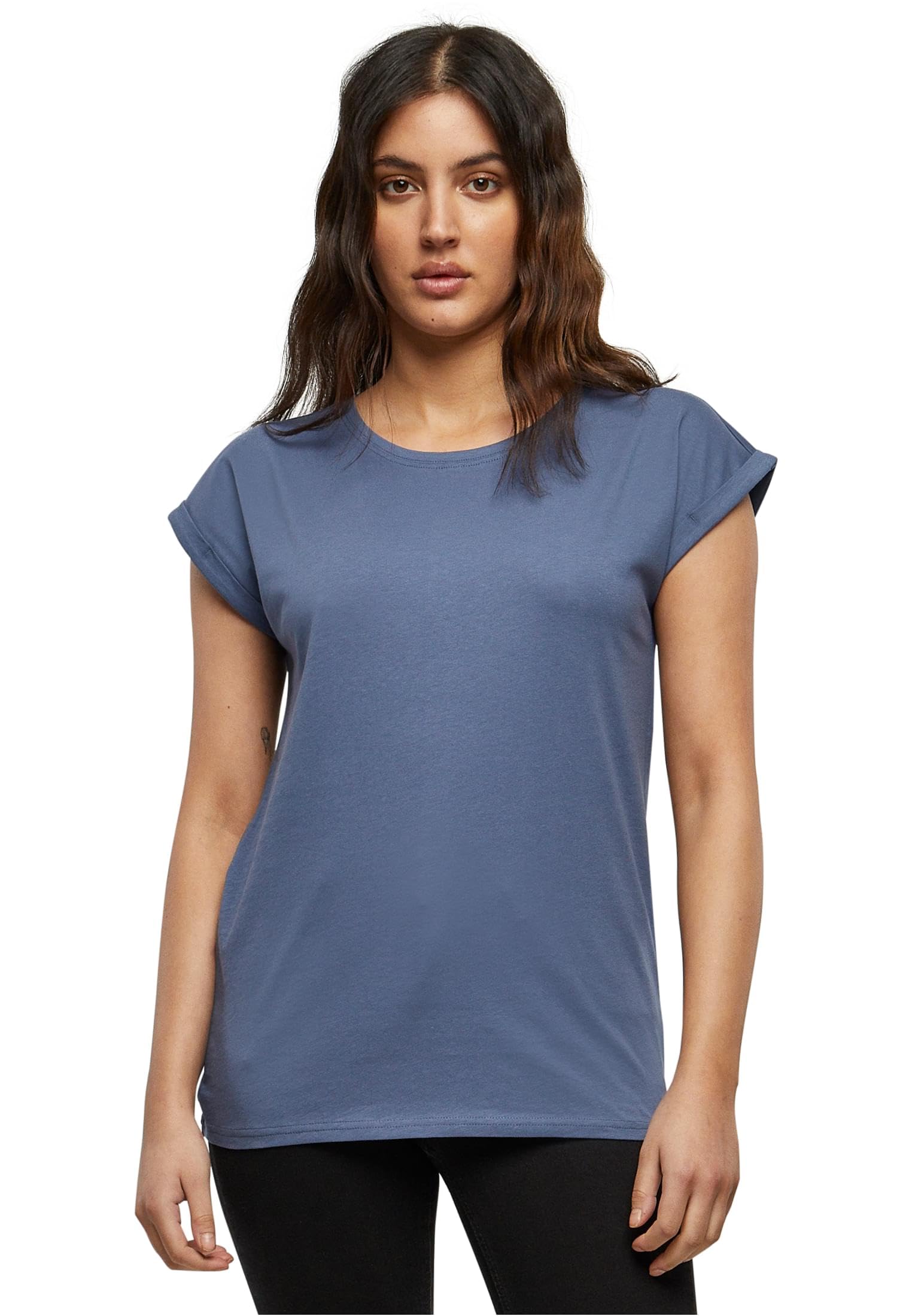 Build Your Brand Women's Bleu T-Shirt Extended Shoulder