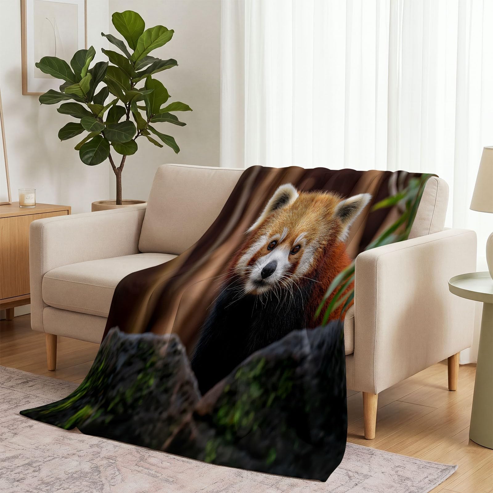 Koc polarowy, brązowy, zwierzę, na wszystkie pory roku, miękki, przytulny, pluszowy, flanelowy, czerwona panda, skały, fotografia, nie mechaci się, odporny na blaknięcie, dla najemców, mieszkańców