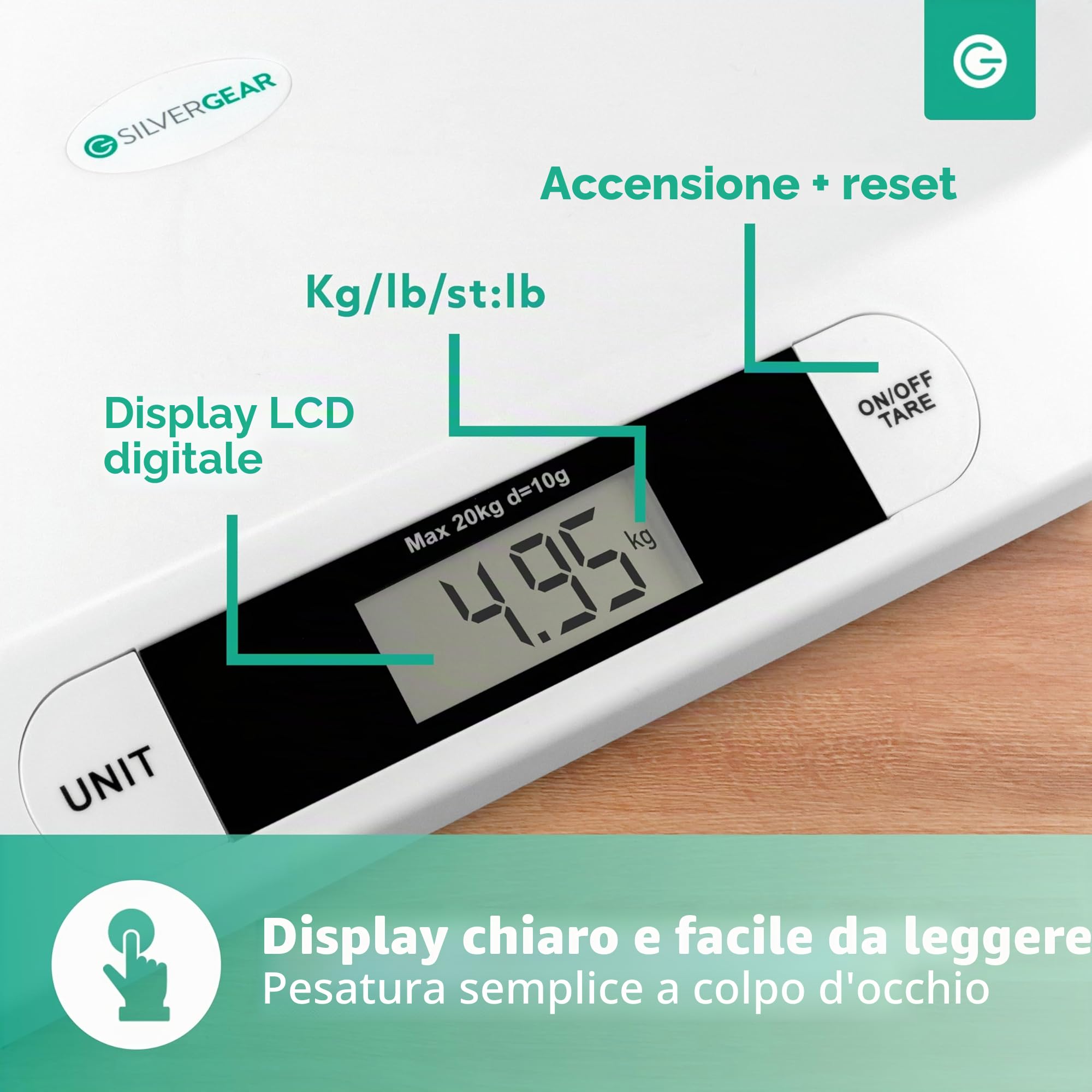 Silvergear® Bilancia digitale per Bambini | Fino a 20 kg | Bilancia Digitale per Neonati | Indicatore LED | Controllo del peso dalla Nascita | Bilancia per Animali | 54,5 x 31,5 x 3,5 cm | Bianco