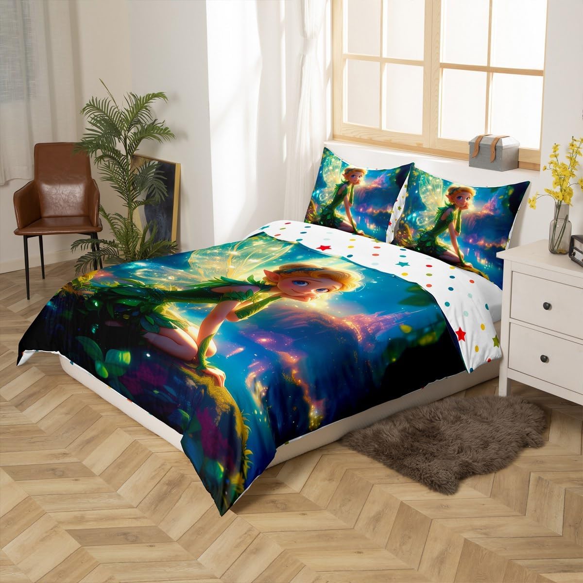 Butterfly Elf Duvet Cover Set King Size,Glitter Stars Castle Jungle Nature Bedding Set,Girls Women Room Decor,Princess Fantasy Fairy Tale Comforter Cover,Green Quilt Cover,2 Pillowcases(No Filler)