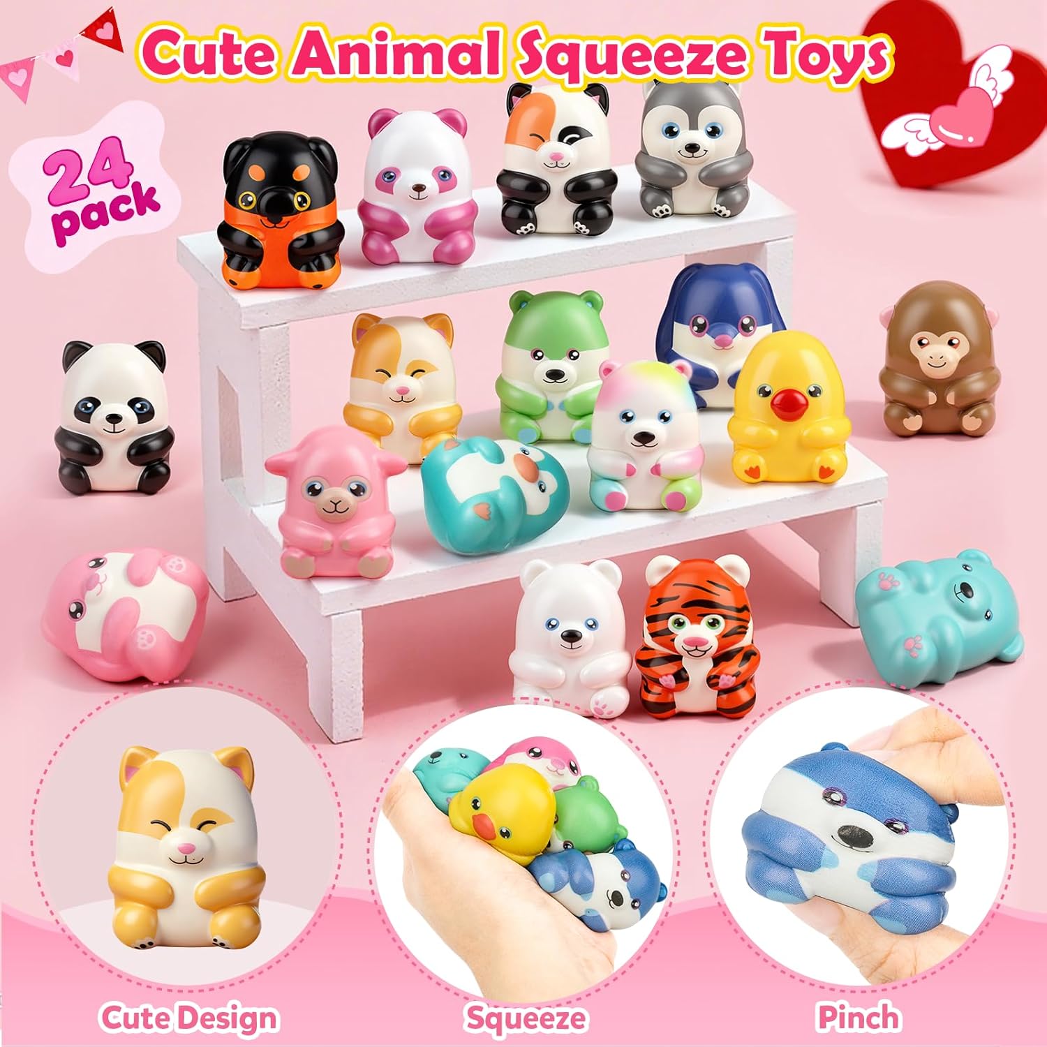 KIZZYEA Valentines Party Favors, Valentines Day Gifts for Kids, 24 Packs Valentines Day Cards for Kids School with Animal Squeeze Toys, Exchange Gifts for Boys Girls, Ideal Valentine Classroom Prizes