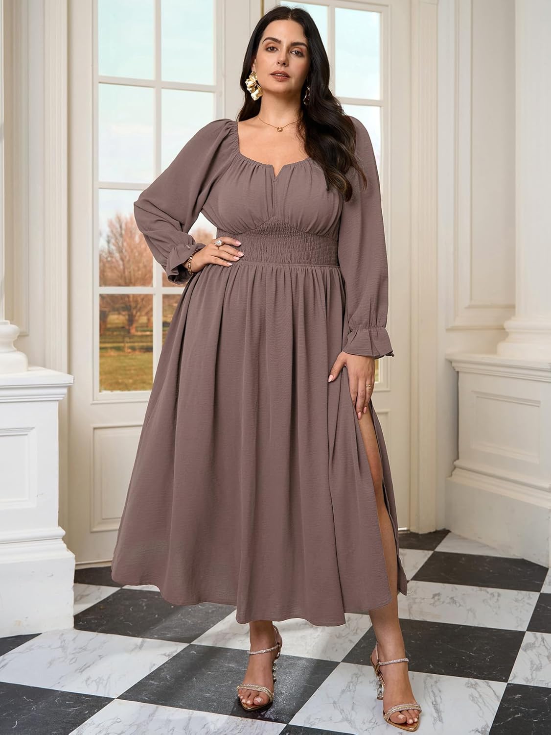Plus Size Maxi Dresses for Curvy Women Wedding Guest Long Sleeve Square Neck Smocked Empire Waist Slit Long Dress - Image 3