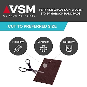 VSM 10-Pack: 6 x 9, Maroon - Very FIne, Non-Woven Hand Pad, Aluminum Oxide Grains, Rust and Oxidation Resistant, Multipurpose Abrasive Scrub Pad for Finishing and Cleaning