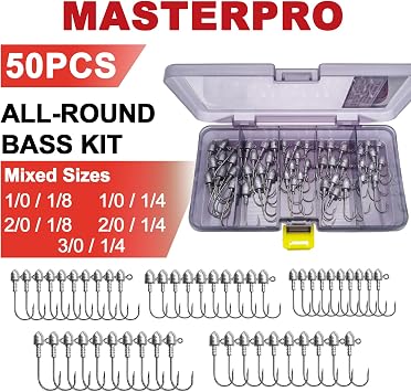 MASTERPRO 50pcs Bass Jig Head Kit 1/0 2/0 3/0 1/8oz 1/4oz Fishing Jigheads for Soft Plastics Largemouth Smallmouth Bass
