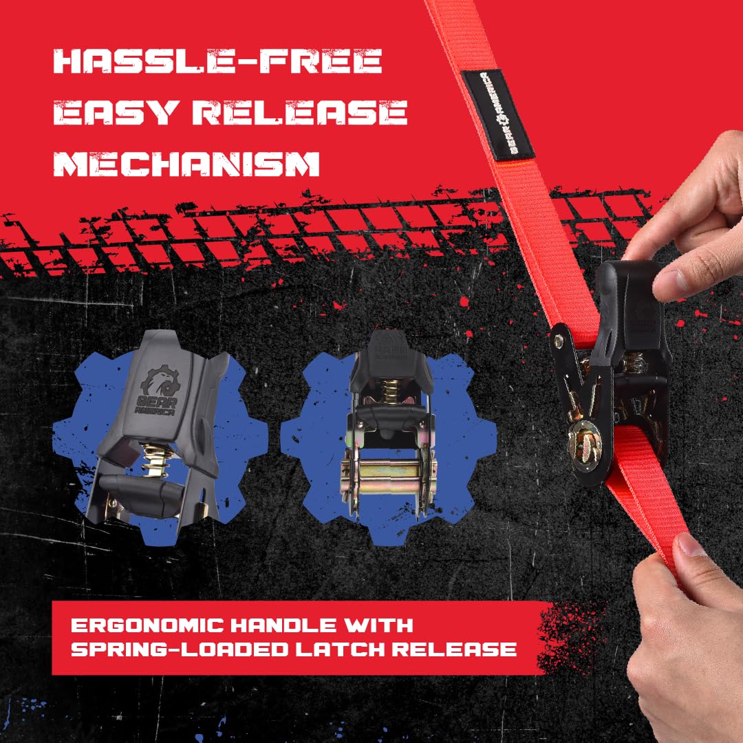 GearAmerica - Cinghie a cricchetto resistenti da 4,1 cm x 4,1 cm, kit di fissaggio per carichi, camion, moto, resistenza alla rottura di 826,9 kg con passanti morbidi, ganci a S rivestiti in gomma con