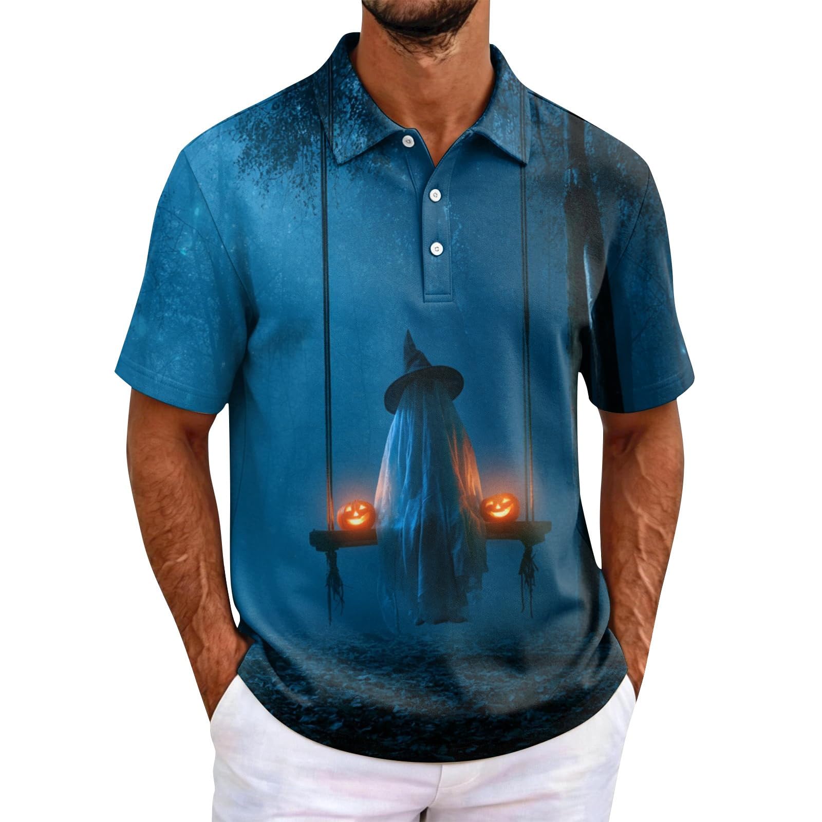 Halloween Polo Shirts for Men Pumpkin Print Costumes Short Sleeve Tops 2026
