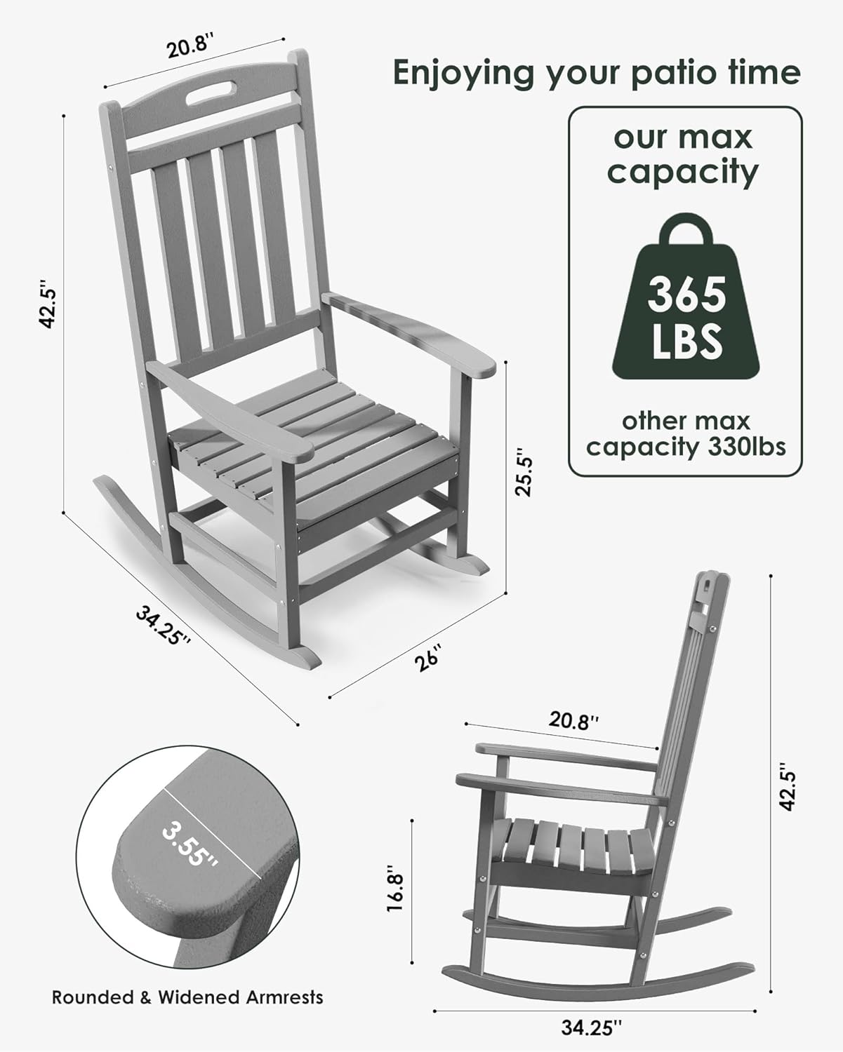 Outdoor Rocking Chair, All-Weather Resistant Poly Lumber Rocker Chair Outdoor, High Back Plastic Patio Rocking Chairs for Outside Porch Rocker Garden Lawn, Slate Grey
