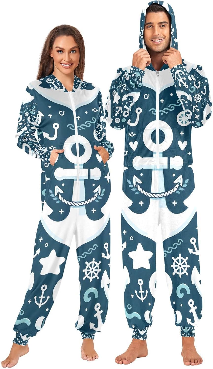 Anchor Blue Ocean Unisex Adult Onesie Pajamas Comfy One Piece Costume Jumpsuits Novelty Sleepwear Homewear for Men Women