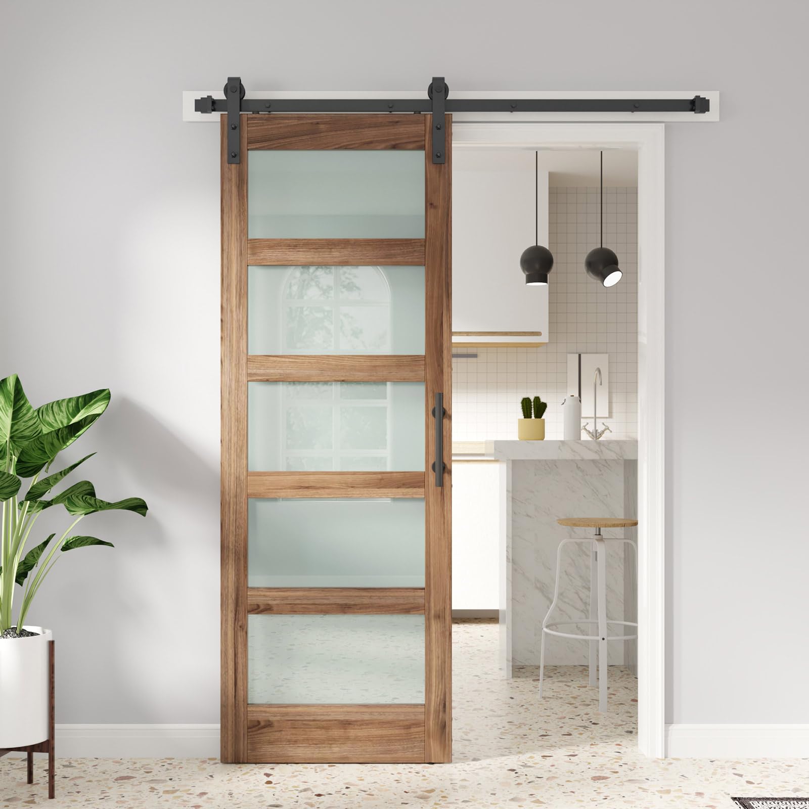 Photo 1 of 28 x 84 inch Glass Barn Door with 5 FT Barn Door Hardware Kit & Handle Included,5-Panel Frosted Glass,LVL Wood Panel,Water-Proof PVC Surface,Pre-Drilled Holes,Need Assembly 28x84