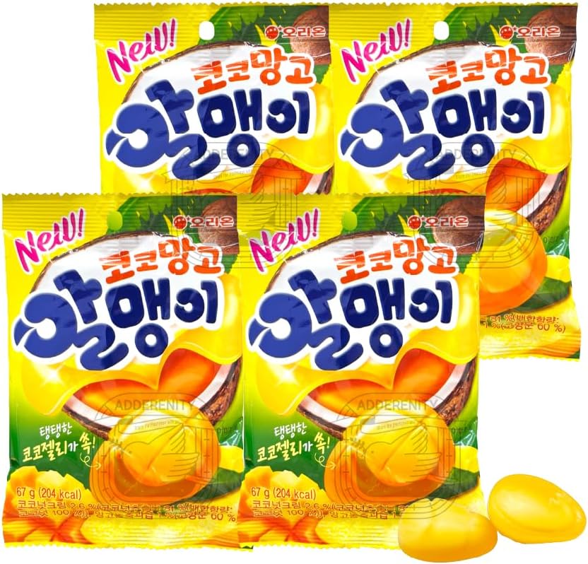 Fruit Peelable Candy - Coconut + Mango Flavor 67g X 4pack (268g/9.46oz) Jelly Filled Gummies, Gluten Free Individually Wrapped Korean Snacks 한국 과일맛 젤리