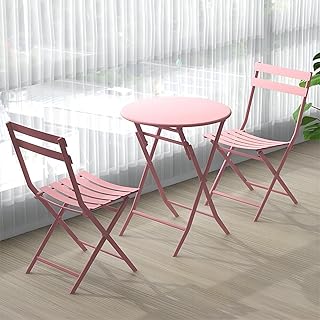 SAJMN Juego de bistró de jardín de 3 Piezas con Mesa y sillas Plegables, Mesa de Patio Plegable de Acero para Exteriores, para balcón, Barbacoa de Verano, Invernadero (Color: Rosa)