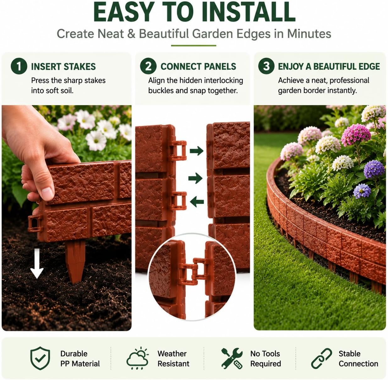 Interlocking Border Edging - Stone -Imitation Plastic Garden Fence, 4PC Landscape - for Garden, NO DIG,Lawn, and Landscape Edging,Flowerbeds, Yard, Sideway image 4