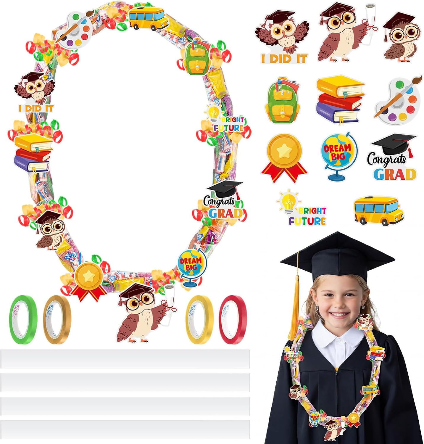 Spakon Graduation Candy Lei Making Kit, 2026 DIY Graduation Candy Lei Tubing with 4 PE Bags 4 Ribbon 11 Grad Cutouts for 2026 Grad Craft Supplies Snack Wrapping Birthday Party Favors(Dinosaur)