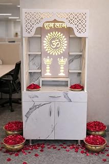 Enterprises Unique Temple for Home and Pooja Mandir with LED Light Engineered Wood Prayer Unit with Decorative Design, Storage Compartments and Pre-Assembled Build Height 130 cm