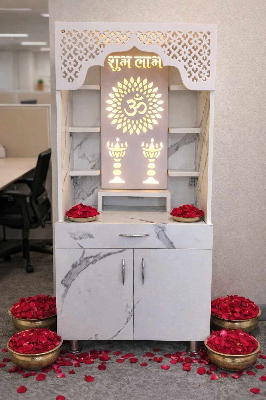 Enterprises Unique Temple for Home and Pooja Mandir with LED Light | Engineered Wood Prayer Unit with Decorative Design, Storage Compartments and Pre-Assembled Build | Height 130 cm-image-21