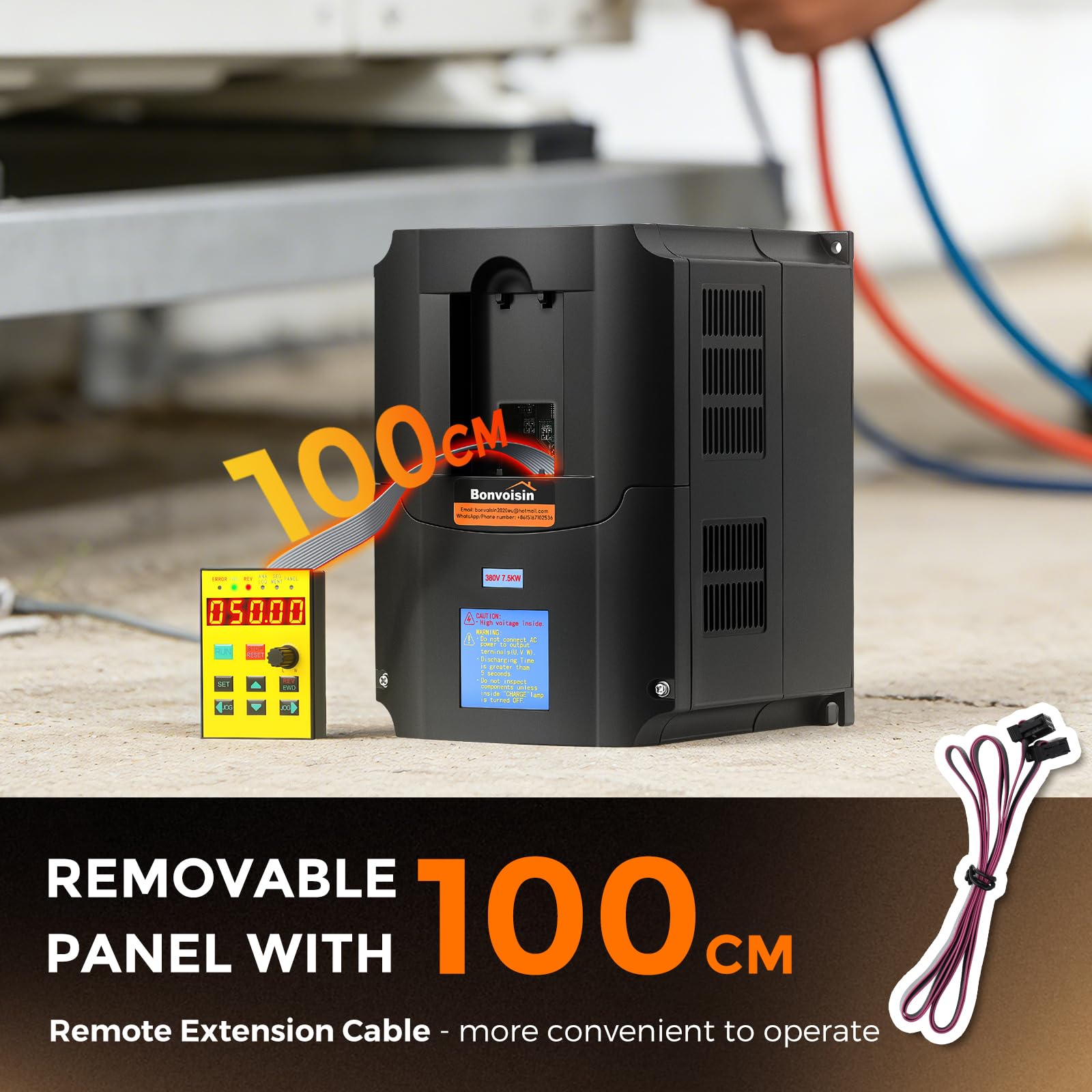 Bonvoisin Frequenzumrichter VFD, 380V 7.5kW, 3-Phasen Eingangs, Vektorregelung für CNC-Spindelmotor & Industriemotoren, Geschwindigkeitsregler mit 100cm Bedienpanel-Kabel, 10HP