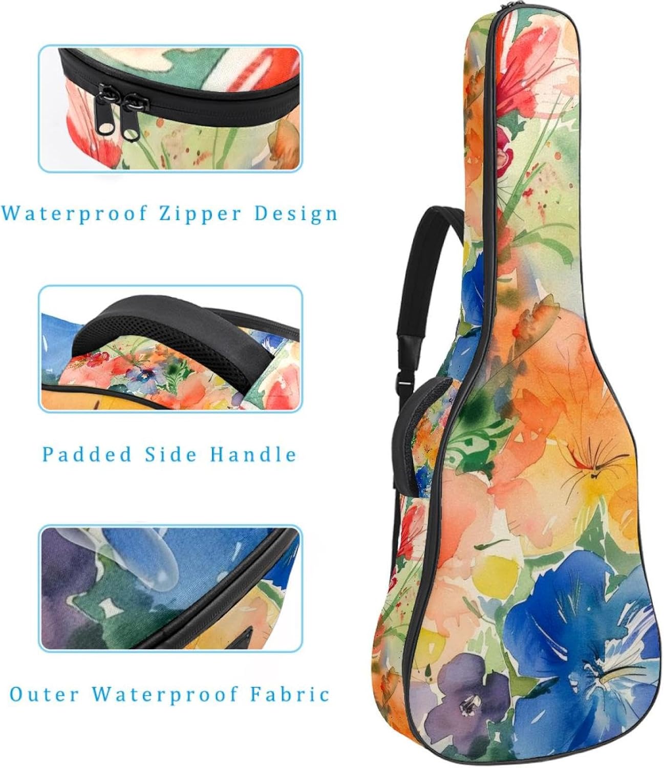 Acoustic Guitar Bag, 40 41 42 Inch Guitar Case Cover Soft Guitar Gig Bag for Acoustic Electric Bass Classical Guitar, Colorful Watercolor Flowers Floral