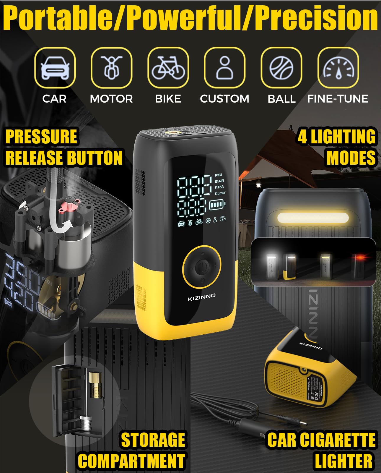 Compresor de aire inalámbrico - Inflador de neumáticos de doble cilindro, 12000 mAh