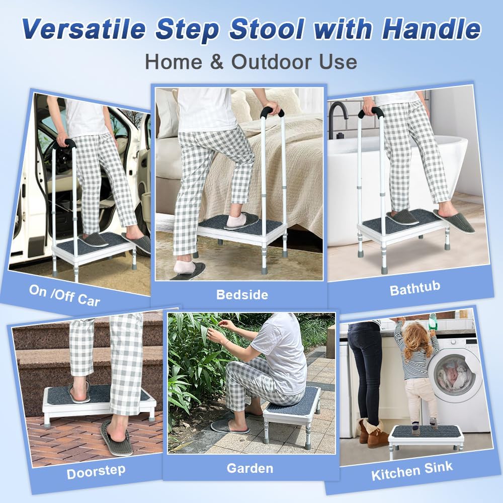 Step Stool with Handle for Elderly, Bathtub Steps Seniors Medical Safety Handicap Foot Stool, Shower Tub Helper Stepping Heavy Duty 400lbs, Adjustable Metal Bath Platform with Handrail Non Slip