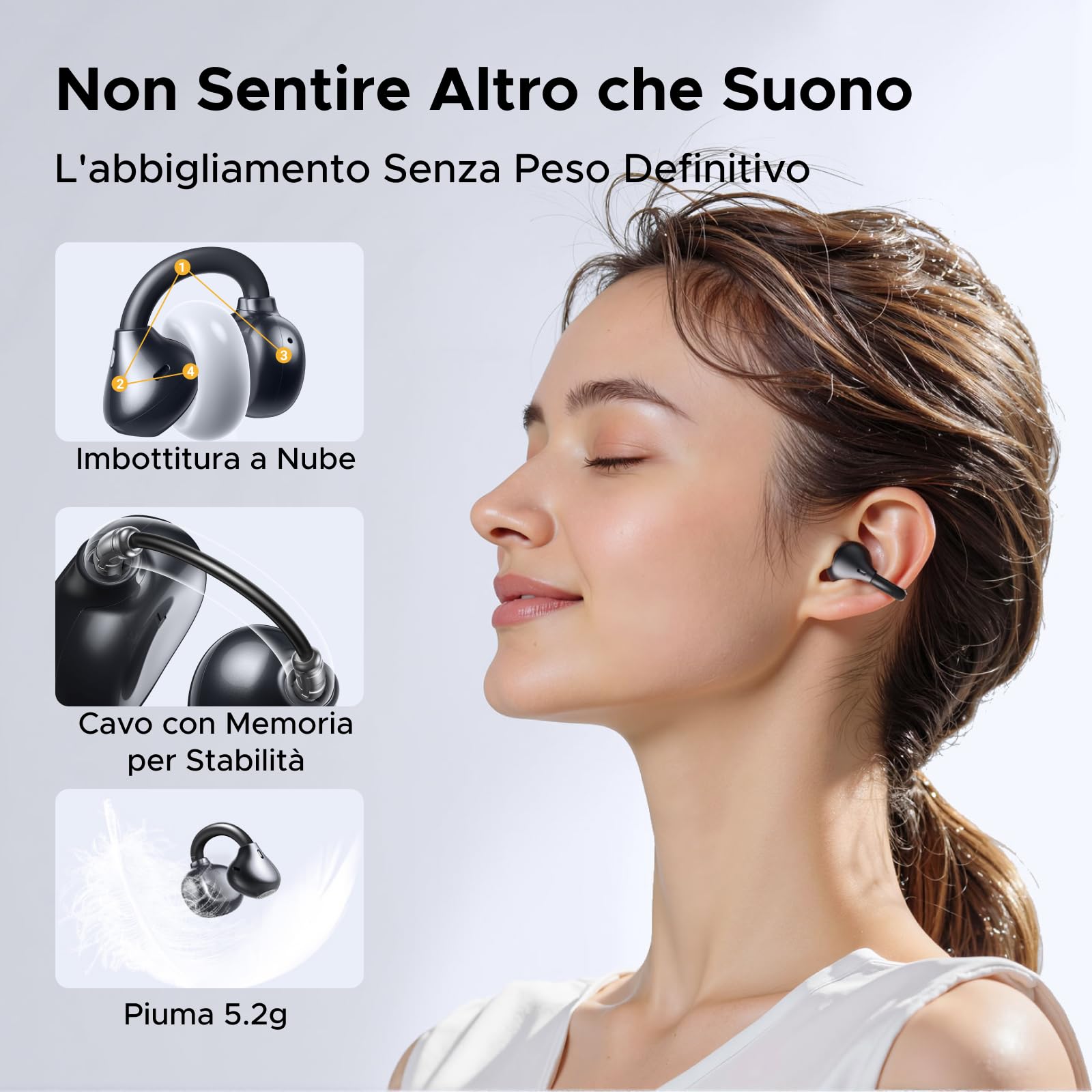 UGREEN HiTune Clipbuds Cuffie Senza Fili Bluetooth 6.0 con Clip Apertura Orecchio Riduzione del Rumore con ENC AI 4 Microfoni Personalizzazione APP 30H Riproduzione Ricarica Rapida USB C IPX5 Nero
