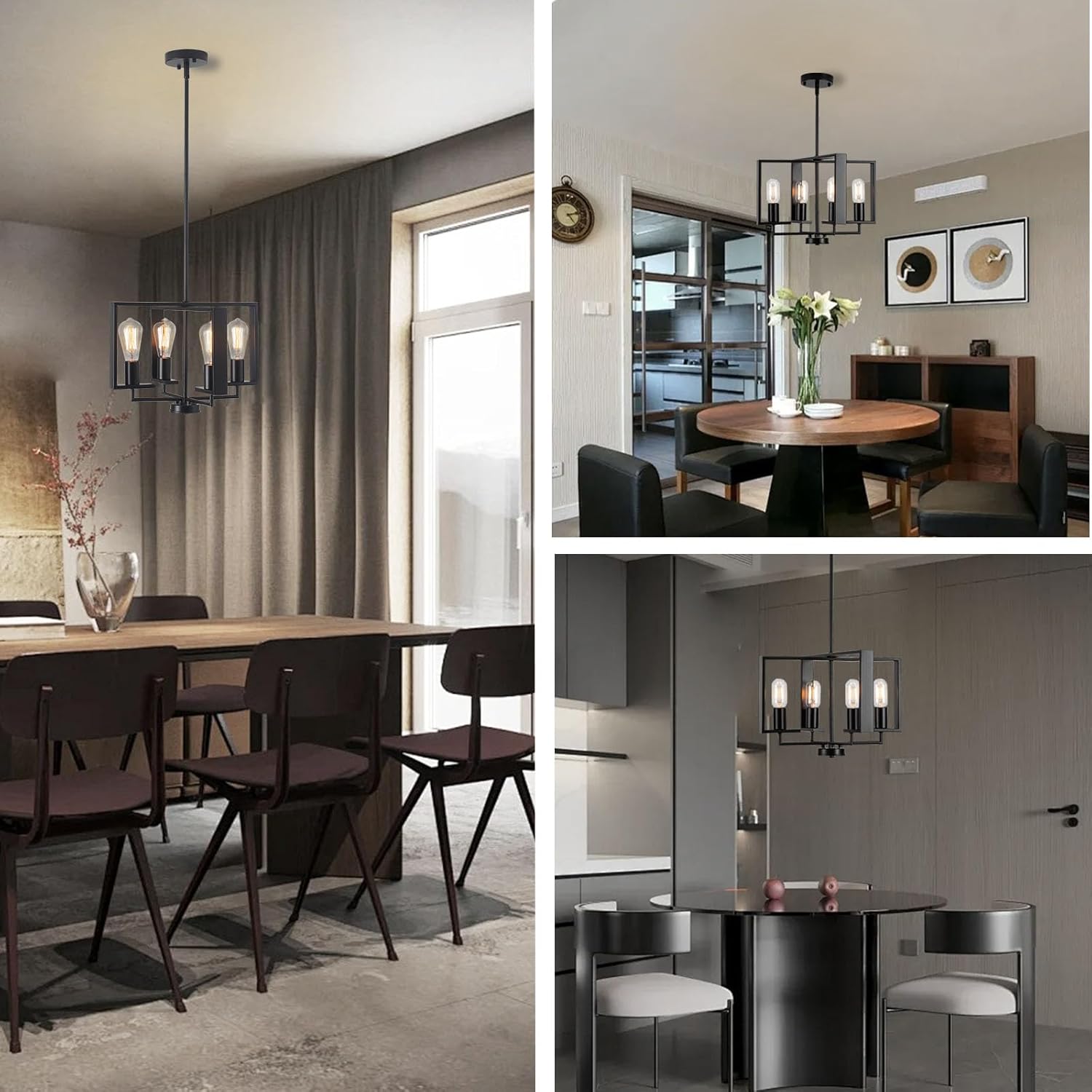 Modern Chandeliers for Dining Room, Black Farmhouse Chandelier, 4 Lights Industrial Pendant Light Fixture Adjustable Hanging Lights for Living Room Entryway Kitchen (Black, 16.14【4 Lights】)