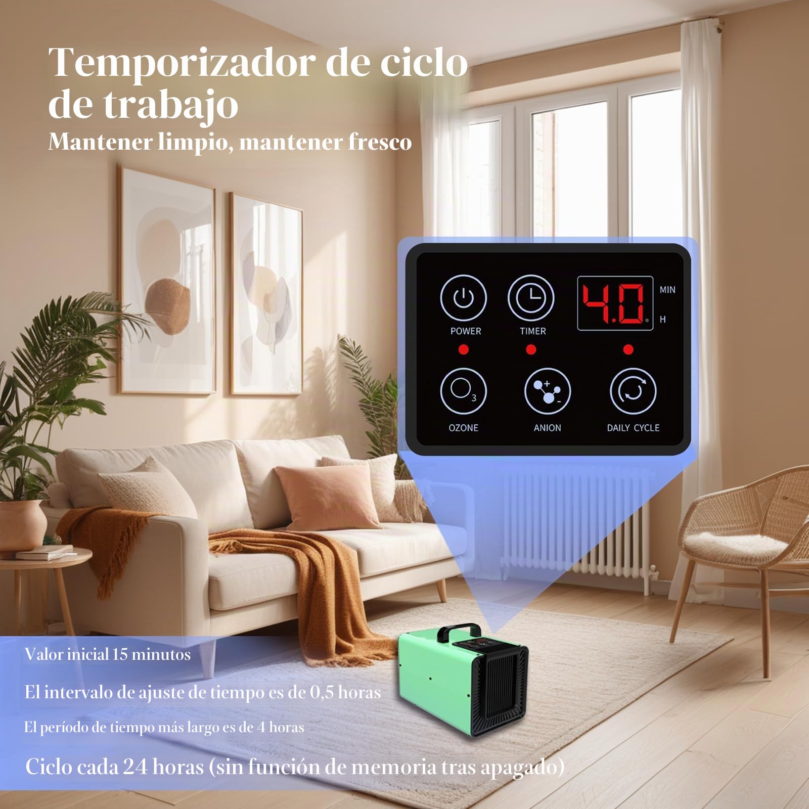 Purificador de aire digital con generador de ozono de 30.000 mg/h e iones negativos, máquina de ozono con función de ciclo diario, eliminador de olores para el hogar y el coche