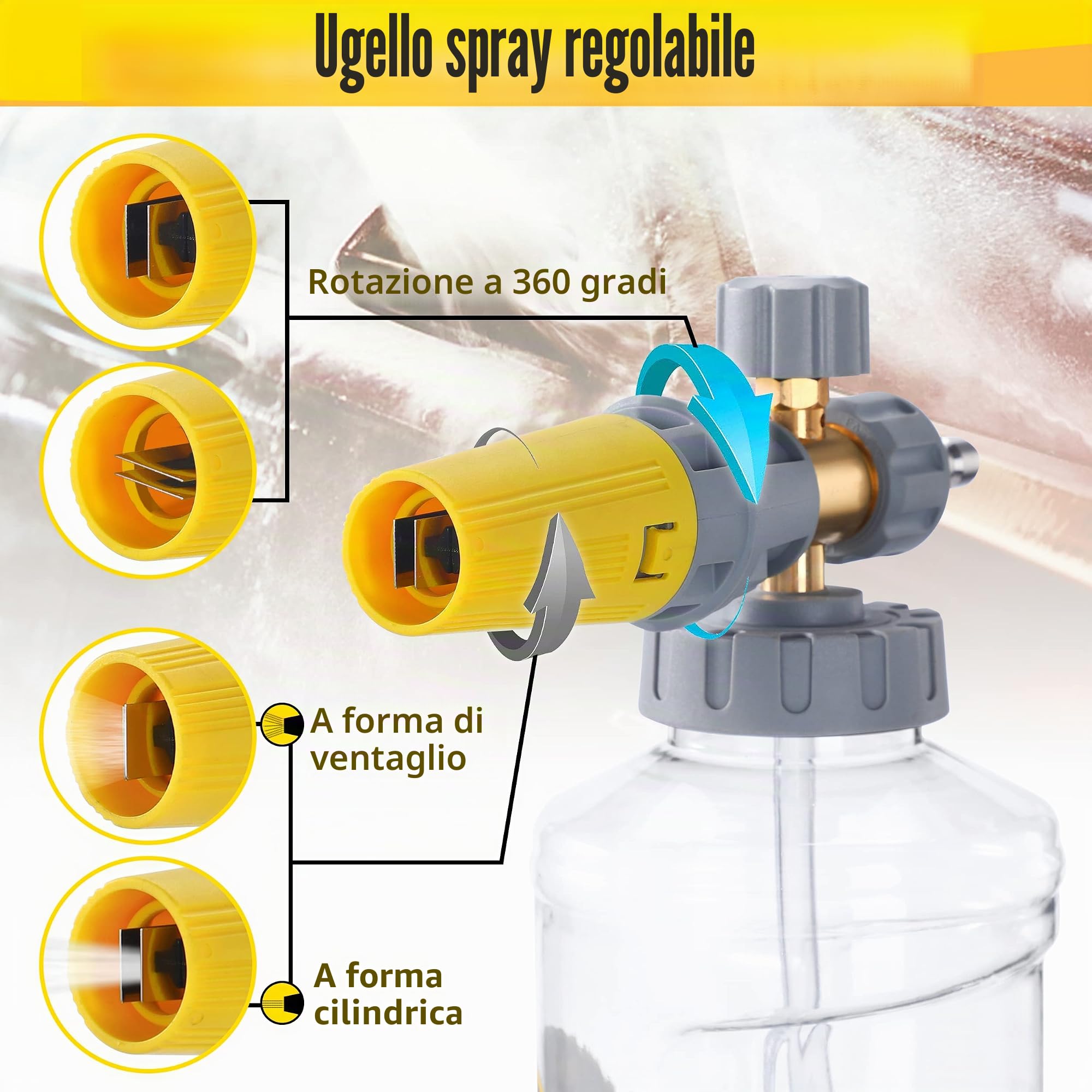 Tool Daily Lancia Schiuma con Pistola per Idropulitrice da 5000 PSI, Pistola con Connettore Rapido Girevole da 3/8'', Cannone Schiuma Regolabile, con Attacchi Rapidi M22 e da 1/4'', Capacità 1,5 Litri