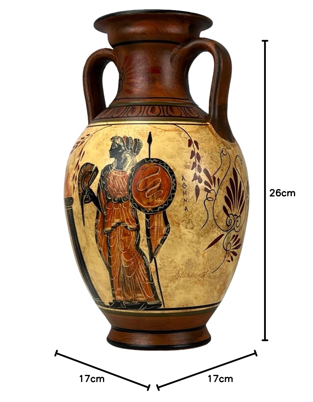 Antike, griechische Vase, Amphore, Göttin Athene, Aphrodite und Gott Dionysos, handgefertigt, Keramik, rund, Rot und Orange, 26 cm